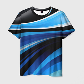Мужская футболка 3D с принтом Черные и синие  волны  абстрактные в Екатеринбурге, 100% полиэфир | прямой крой, круглый вырез горловины, длина до линии бедер | Тематика изображения на принте: 