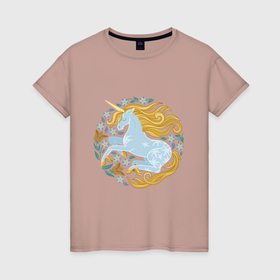 Женская футболка хлопок с принтом Единорог спящий на полянке из незабудок в Тюмени, 100% хлопок | прямой крой, круглый вырез горловины, длина до линии бедер, слегка спущенное плечо | 