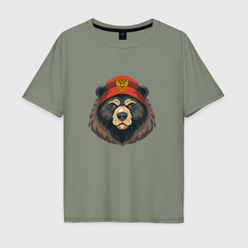 Мужская футболка хлопок Oversize с принтом Русский медведь в шапке с гербом в Новосибирске, 100% хлопок | свободный крой, круглый ворот, “спинка” длиннее передней части | Тематика изображения на принте: 