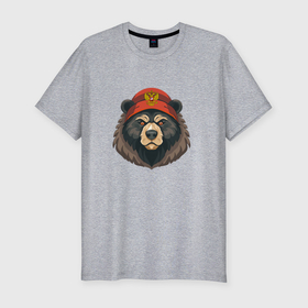 Мужская футболка хлопок Slim с принтом Русский медведь в шапке с гербом , 92% хлопок, 8% лайкра | приталенный силуэт, круглый вырез ворота, длина до линии бедра, короткий рукав | Тематика изображения на принте: 