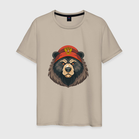 Мужская футболка хлопок с принтом Русский медведь в шапке с гербом , 100% хлопок | прямой крой, круглый вырез горловины, длина до линии бедер, слегка спущенное плечо. | 