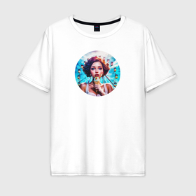 Мужская футболка хлопок Oversize с принтом Лето в лунапарке: девушка с мороженым в Новосибирске, 100% хлопок | свободный крой, круглый ворот, “спинка” длиннее передней части | Тематика изображения на принте: 