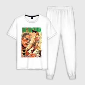 Мужская пижама хлопок с принтом One Punch Man: Сайтама и Кинг в Тюмени, 100% хлопок | брюки и футболка прямого кроя, без карманов, на брюках мягкая резинка на поясе и по низу штанин
 | 