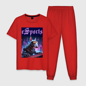 Мужская пижама хлопок с принтом Cyber bull terrier   esports в Новосибирске, 100% хлопок | брюки и футболка прямого кроя, без карманов, на брюках мягкая резинка на поясе и по низу штанин
 | 