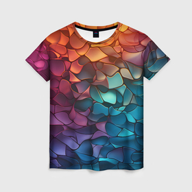 Женская футболка 3D с принтом Абстракция разноцветная чешуя в Екатеринбурге, 100% полиэфир ( синтетическое хлопкоподобное полотно) | прямой крой, круглый вырез горловины, длина до линии бедер | 