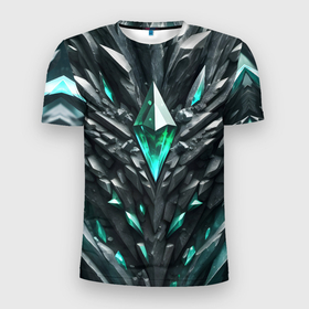 Мужская футболка 3D Slim с принтом Камень и зелёный кристалл в Белгороде, 100% полиэстер с улучшенными характеристиками | приталенный силуэт, круглая горловина, широкие плечи, сужается к линии бедра | Тематика изображения на принте: 