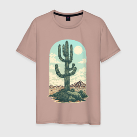 Мужская футболка хлопок с принтом Кактус в пустыне в Кировске, 100% хлопок | прямой крой, круглый вырез горловины, длина до линии бедер, слегка спущенное плечо. | 