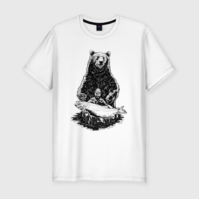 Мужская футболка хлопок Slim с принтом Медведь рыбак и рыба в Екатеринбурге, 92% хлопок, 8% лайкра | приталенный силуэт, круглый вырез ворота, длина до линии бедра, короткий рукав | 