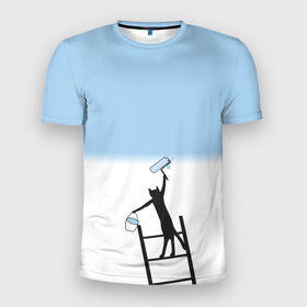Мужская футболка 3D Slim с принтом Кот маляр в Курске, 100% полиэстер с улучшенными характеристиками | приталенный силуэт, круглая горловина, широкие плечи, сужается к линии бедра | Тематика изображения на принте: 