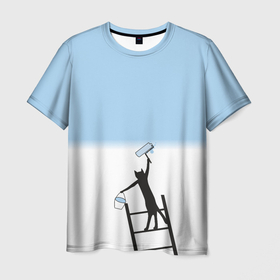 Мужская футболка 3D с принтом Кот маляр в Тюмени, 100% полиэфир | прямой крой, круглый вырез горловины, длина до линии бедер | Тематика изображения на принте: 