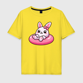 Мужская футболка хлопок Oversize с принтом Смешной розовый кролик в надувном круге в Петрозаводске, 100% хлопок | свободный крой, круглый ворот, “спинка” длиннее передней части | Тематика изображения на принте: 