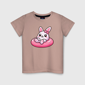 Детская футболка хлопок с принтом Смешной розовый кролик в надувном круге , 100% хлопок | круглый вырез горловины, полуприлегающий силуэт, длина до линии бедер | 