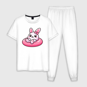 Мужская пижама хлопок с принтом Смешной розовый кролик в надувном круге в Екатеринбурге, 100% хлопок | брюки и футболка прямого кроя, без карманов, на брюках мягкая резинка на поясе и по низу штанин
 | 