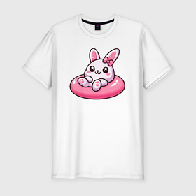 Мужская футболка хлопок Slim с принтом Смешной розовый кролик в надувном круге в Новосибирске, 92% хлопок, 8% лайкра | приталенный силуэт, круглый вырез ворота, длина до линии бедра, короткий рукав | 