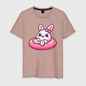 Мужская футболка хлопок с принтом Смешной розовый кролик в надувном круге в Петрозаводске, 100% хлопок | прямой крой, круглый вырез горловины, длина до линии бедер, слегка спущенное плечо. | Тематика изображения на принте: 