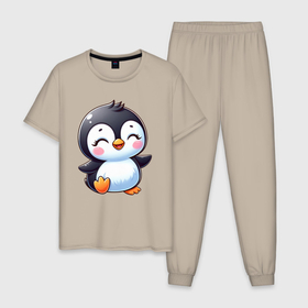Мужская пижама хлопок с принтом Маленький радостный пингвинчик в Новосибирске, 100% хлопок | брюки и футболка прямого кроя, без карманов, на брюках мягкая резинка на поясе и по низу штанин
 | 
