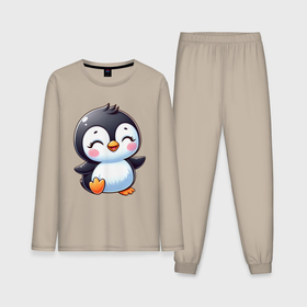 Мужская пижама с лонгсливом хлопок с принтом Маленький радостный пингвинчик ,  |  | 
