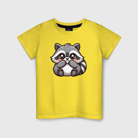 Детская футболка хлопок с принтом Маленький застенчивый енот в Кировске, 100% хлопок | круглый вырез горловины, полуприлегающий силуэт, длина до линии бедер | 