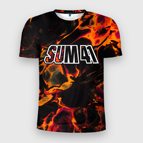 Мужская футболка 3D Slim с принтом Sum41 red lava в Петрозаводске, 100% полиэстер с улучшенными характеристиками | приталенный силуэт, круглая горловина, широкие плечи, сужается к линии бедра | 