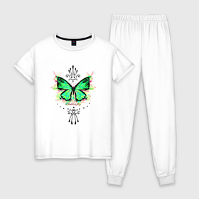 Женская пижама хлопок с принтом Бабочка зеленая корона , 100% хлопок | брюки и футболка прямого кроя, без карманов, на брюках мягкая резинка на поясе и по низу штанин | 