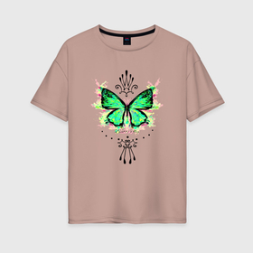 Женская футболка хлопок Oversize с принтом Бабочка зеленая корона в Кировске, 100% хлопок | свободный крой, круглый ворот, спущенный рукав, длина до линии бедер
 | 