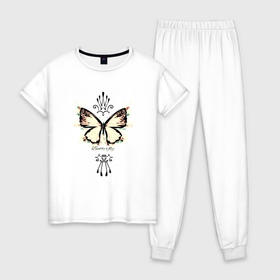Женская пижама хлопок с принтом Бабочка золотистая корона в Новосибирске, 100% хлопок | брюки и футболка прямого кроя, без карманов, на брюках мягкая резинка на поясе и по низу штанин | 