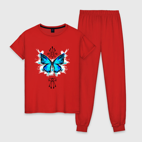 Женская пижама хлопок с принтом Бабочка голубая корона в Курске, 100% хлопок | брюки и футболка прямого кроя, без карманов, на брюках мягкая резинка на поясе и по низу штанин | 