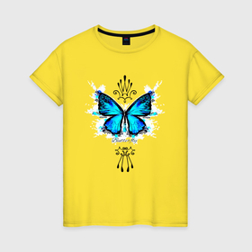 Женская футболка хлопок с принтом Бабочка голубая корона в Белгороде, 100% хлопок | прямой крой, круглый вырез горловины, длина до линии бедер, слегка спущенное плечо | 