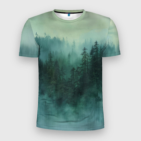 Мужская футболка 3D Slim с принтом Утро в туманом лесу в Екатеринбурге, 100% полиэстер с улучшенными характеристиками | приталенный силуэт, круглая горловина, широкие плечи, сужается к линии бедра | 