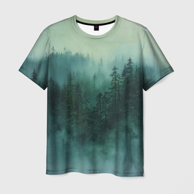 Мужская футболка 3D с принтом Утро в туманом лесу , 100% полиэфир | прямой крой, круглый вырез горловины, длина до линии бедер | Тематика изображения на принте: 