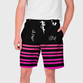 Мужские шорты 3D с принтом Lil Peep розовые полосы в Санкт-Петербурге,  полиэстер 100% | прямой крой, два кармана без застежек по бокам. Мягкая трикотажная резинка на поясе, внутри которой широкие завязки. Длина чуть выше колен | 