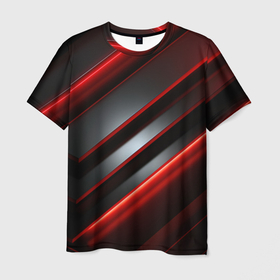 Мужская футболка 3D с принтом Яркий красный свет  из  черной  абстракции в Санкт-Петербурге, 100% полиэфир | прямой крой, круглый вырез горловины, длина до линии бедер | Тематика изображения на принте: 
