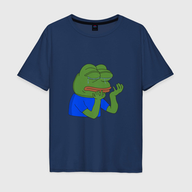 Мужская футболка хлопок Oversize с принтом Pepehands crying emoji в Санкт-Петербурге, 100% хлопок | свободный крой, круглый ворот, “спинка” длиннее передней части | 