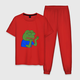 Мужская пижама хлопок с принтом Pepehands crying emoji в Санкт-Петербурге, 100% хлопок | брюки и футболка прямого кроя, без карманов, на брюках мягкая резинка на поясе и по низу штанин
 | 