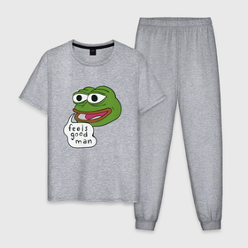 Мужская пижама хлопок с принтом Pepe feels good man в Санкт-Петербурге, 100% хлопок | брюки и футболка прямого кроя, без карманов, на брюках мягкая резинка на поясе и по низу штанин
 | 