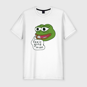 Мужская футболка хлопок Slim с принтом Pepe feels good man в Екатеринбурге, 92% хлопок, 8% лайкра | приталенный силуэт, круглый вырез ворота, длина до линии бедра, короткий рукав | 