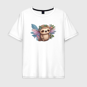 Мужская футболка хлопок Oversize с принтом Маленький ленивец в Тюмени, 100% хлопок | свободный крой, круглый ворот, “спинка” длиннее передней части | 