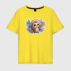 Мужская футболка хлопок Oversize с принтом Маленький ленивец в Тюмени, 100% хлопок | свободный крой, круглый ворот, “спинка” длиннее передней части | 