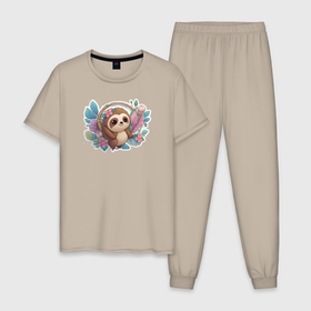 Мужская пижама хлопок с принтом Маленький ленивец в Курске, 100% хлопок | брюки и футболка прямого кроя, без карманов, на брюках мягкая резинка на поясе и по низу штанин
 | 