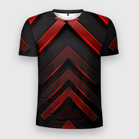 Мужская футболка 3D Slim с принтом Красные неоновые полосы на черной абстракции , 100% полиэстер с улучшенными характеристиками | приталенный силуэт, круглая горловина, широкие плечи, сужается к линии бедра | 