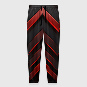 Мужские брюки 3D с принтом Красные неоновые полосы на черной абстракции в Екатеринбурге, 100% полиэстер | манжеты по низу, эластичный пояс регулируется шнурком, по бокам два кармана без застежек, внутренняя часть кармана из мелкой сетки | 