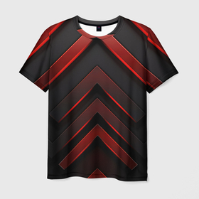Мужская футболка 3D с принтом Красные неоновые полосы на черной абстракции в Белгороде, 100% полиэфир | прямой крой, круглый вырез горловины, длина до линии бедер | Тематика изображения на принте: 