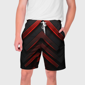 Мужские шорты 3D с принтом Красные неоновые полосы на черной абстракции в Кировске,  полиэстер 100% | прямой крой, два кармана без застежек по бокам. Мягкая трикотажная резинка на поясе, внутри которой широкие завязки. Длина чуть выше колен | 
