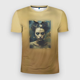 Мужская футболка 3D Slim с принтом Грустный потрескавшийся портрет в Курске, 100% полиэстер с улучшенными характеристиками | приталенный силуэт, круглая горловина, широкие плечи, сужается к линии бедра | 
