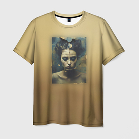 Мужская футболка 3D с принтом Грустный потрескавшийся портрет в Курске, 100% полиэфир | прямой крой, круглый вырез горловины, длина до линии бедер | 