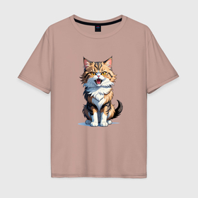 Мужская футболка хлопок Oversize с принтом Суровый кот в Новосибирске, 100% хлопок | свободный крой, круглый ворот, “спинка” длиннее передней части | 