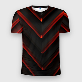 Мужская футболка 3D Slim с принтом Красные яркие неоновые полосы  на черной  абстракции , 100% полиэстер с улучшенными характеристиками | приталенный силуэт, круглая горловина, широкие плечи, сужается к линии бедра | 