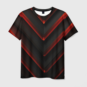 Мужская футболка 3D с принтом Красные яркие неоновые полосы  на черной  абстракции в Курске, 100% полиэфир | прямой крой, круглый вырез горловины, длина до линии бедер | 