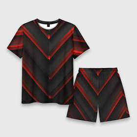 Мужской костюм с шортами 3D с принтом Красные яркие неоновые полосы  на черной  абстракции ,  |  | 