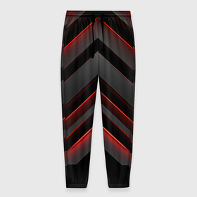 Мужские брюки 3D с принтом Красные яркие  неоновые полосы  на черной  абстракции в Екатеринбурге, 100% полиэстер | манжеты по низу, эластичный пояс регулируется шнурком, по бокам два кармана без застежек, внутренняя часть кармана из мелкой сетки | 
